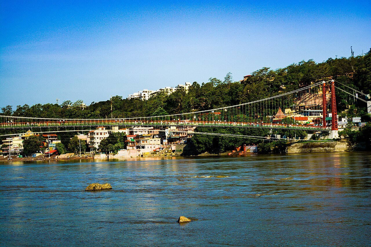 Ram Jhula bridge over the Ganga during an October bike rental in Rishikesh day ride