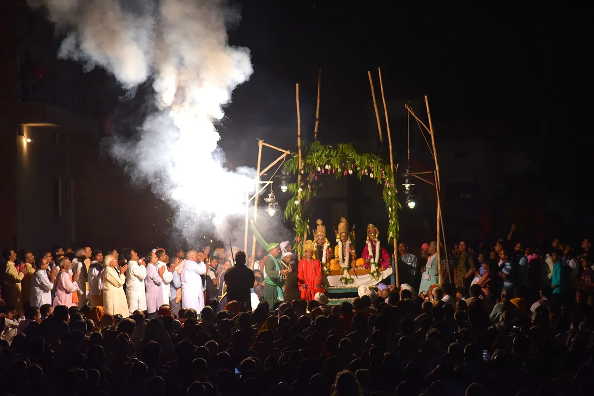Crowds watching a night episode of the Ramnagar Ramlila near Varanasi