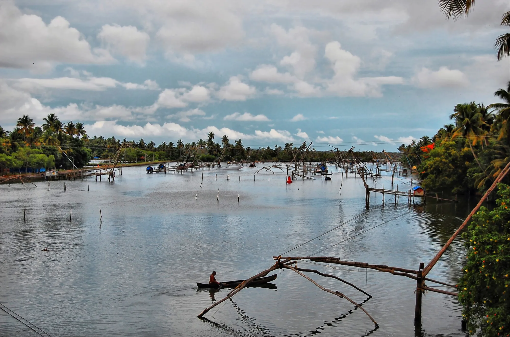 Chinese fishing nets in the backwater lagoons near Cherai, Kerala