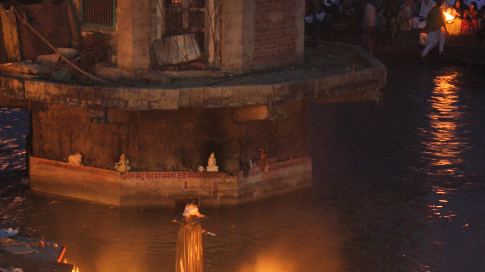 Evening Ganga Aarti lamps and crowd at Har Ki Pauri, Haridwar
