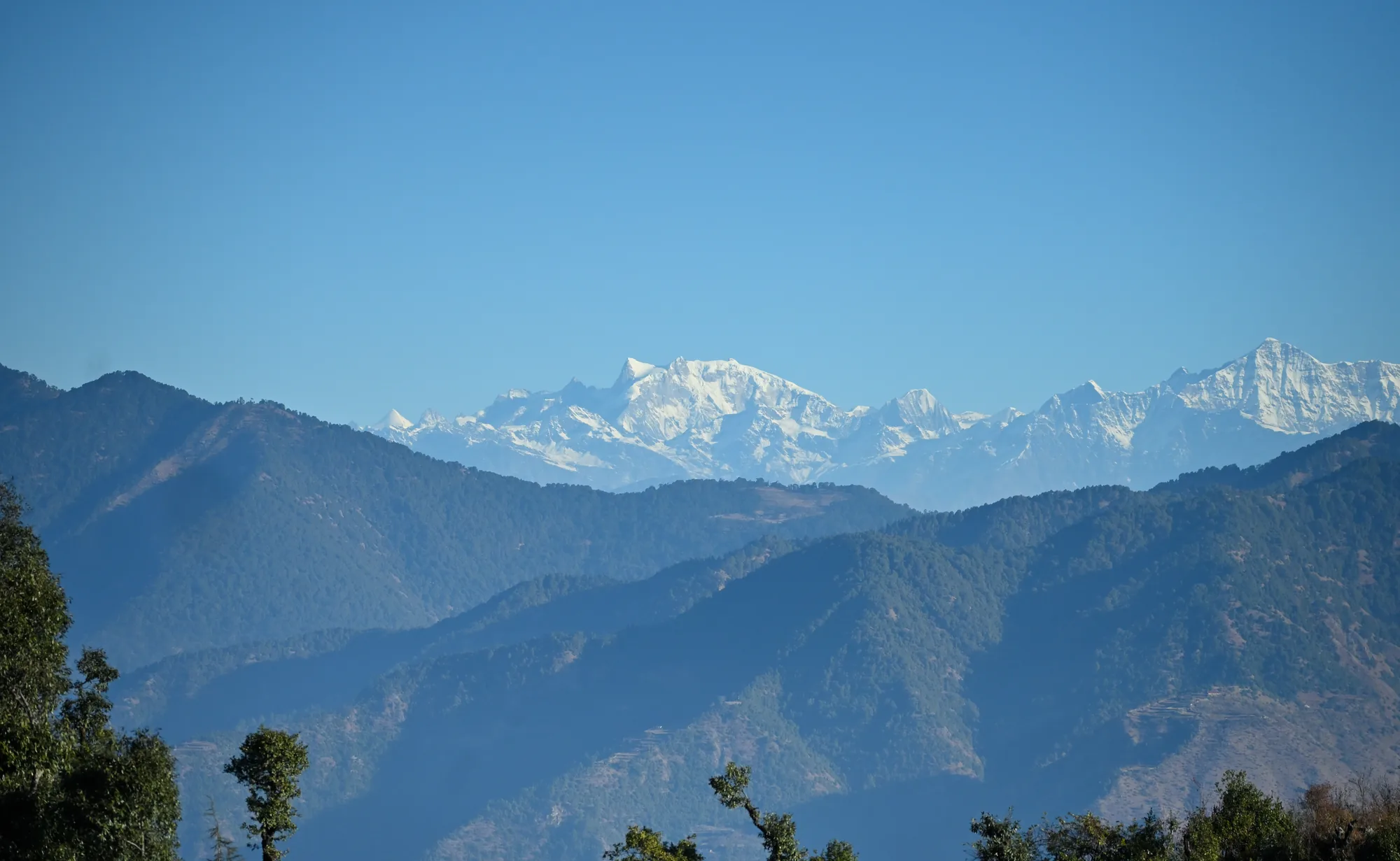 Snow-covered Garhwal Himalaya peaks rising behind layers of forested blue ridges, seen from Dhanaulti on a clear winter afternoon