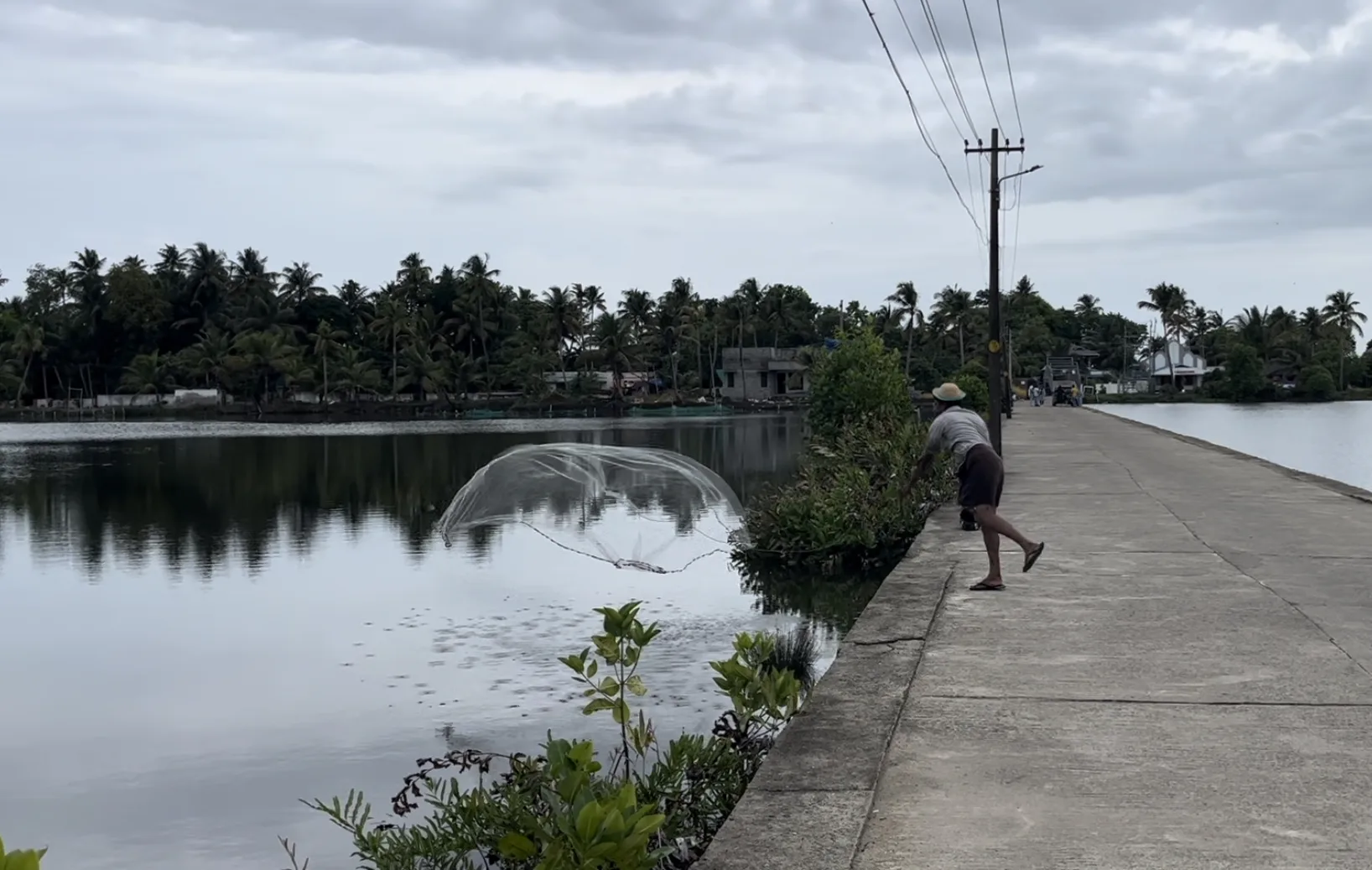A man casting a round fishing net into the backwater from a narrow concrete road at Kadamakkudy, with water on both sides and coconut palms beyond