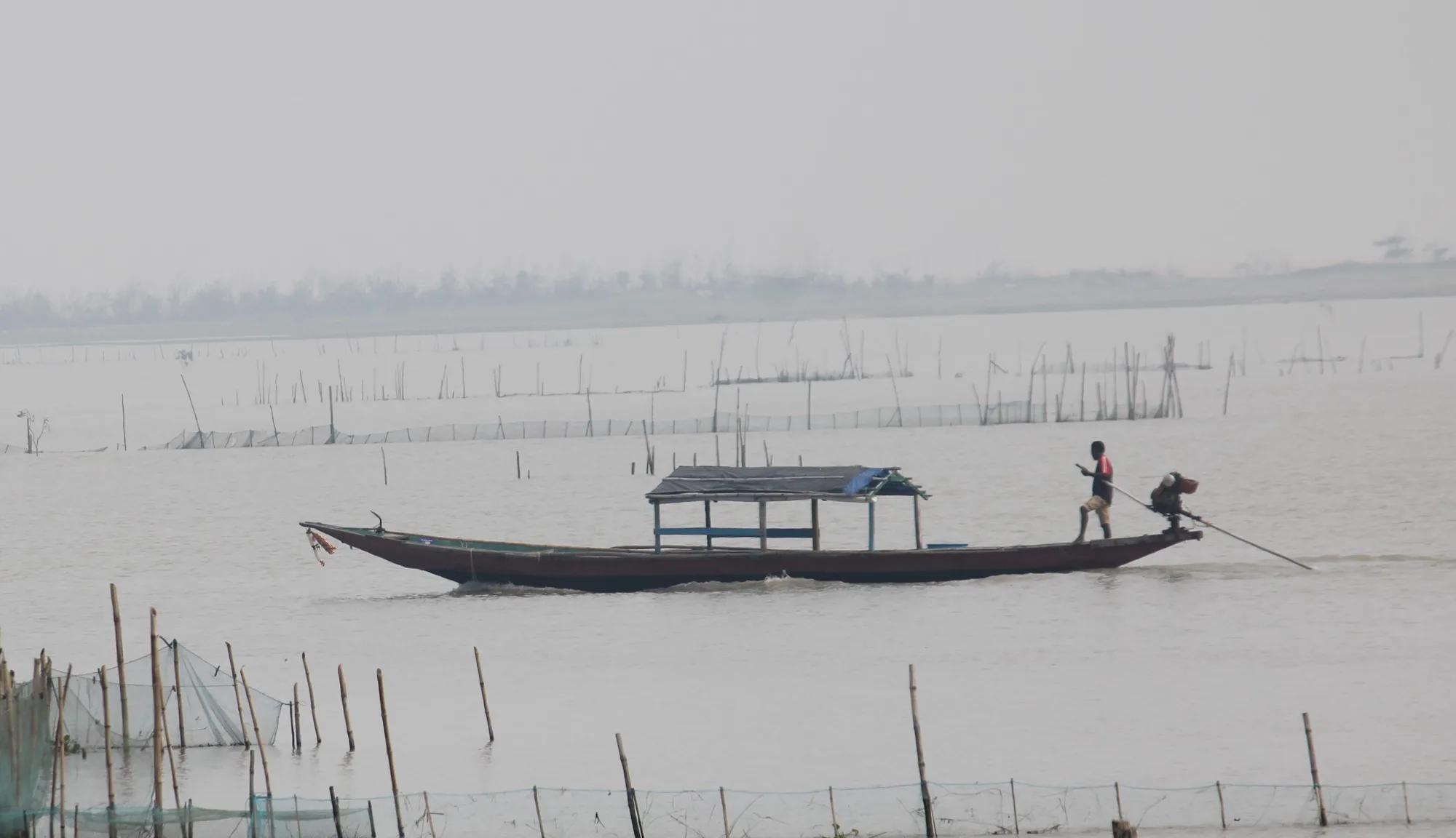 A wooden fishing boat with a canopy crossing Chilika Lake past rows of bamboo fish-trap stakes, reached by self-drive car rental in Bhubaneswar