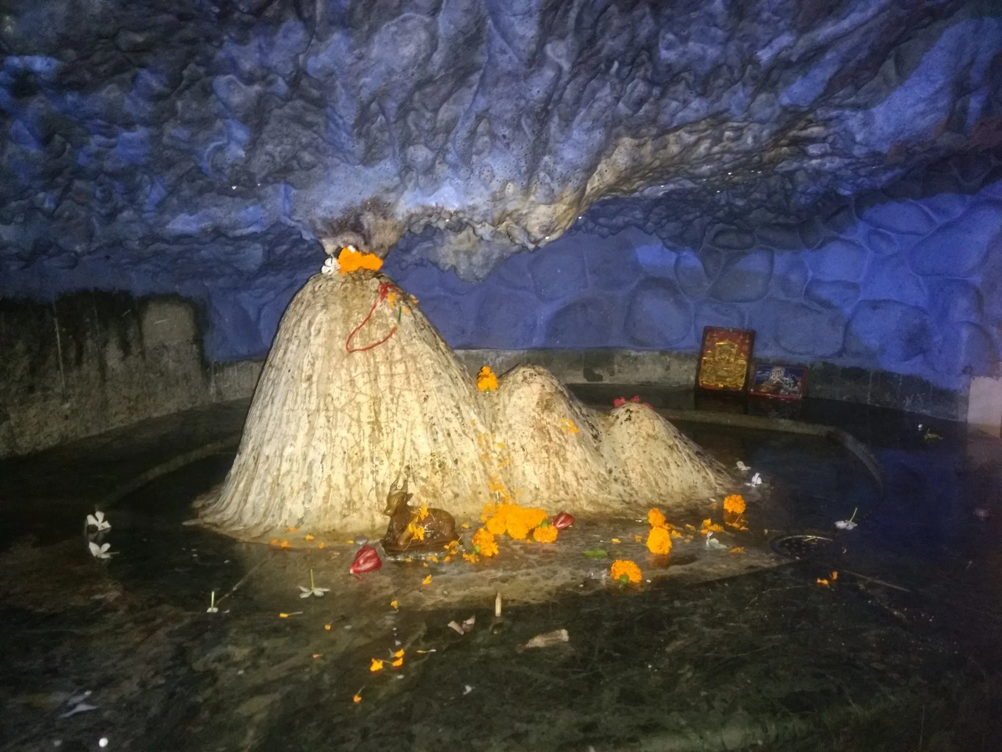 The cave shrine of Tapkeshwar Temple in Dehradun with water dripping onto the shivalinga, decorated with marigolds