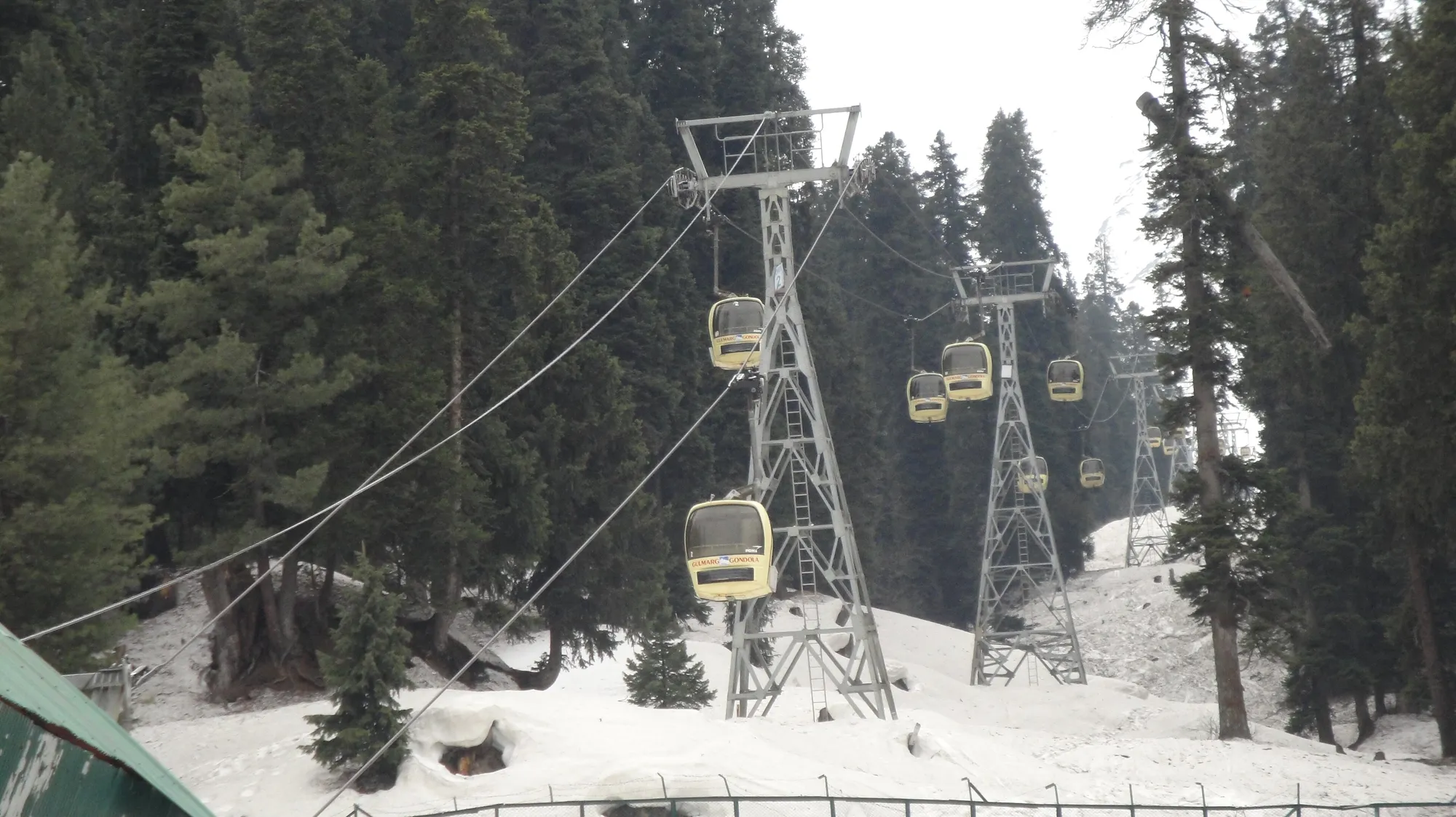 Gulmarg Gondola cabins on steel towers rising through snow-covered pine forest in Gulmarg, Kashmir