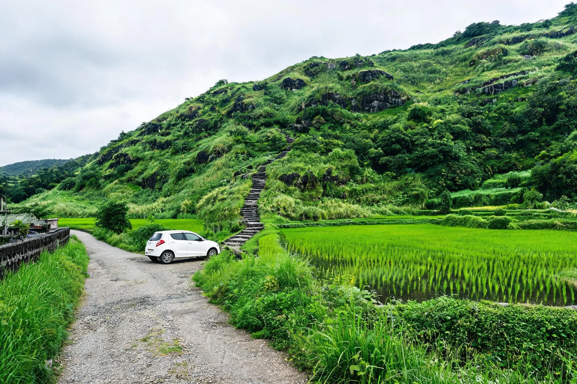A white self-drive car parked on a village lane below a green hill with stone steps, near Lonavala after the monsoon