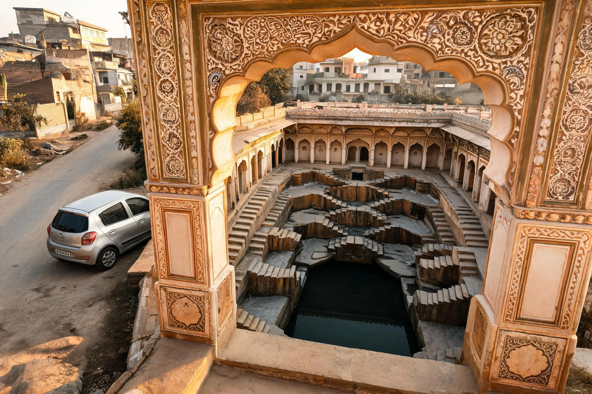 Illustration of an 18th-century Mughal-style stepwell with arched gateway and steps, and a small car on the lane outside, in a Haryana town