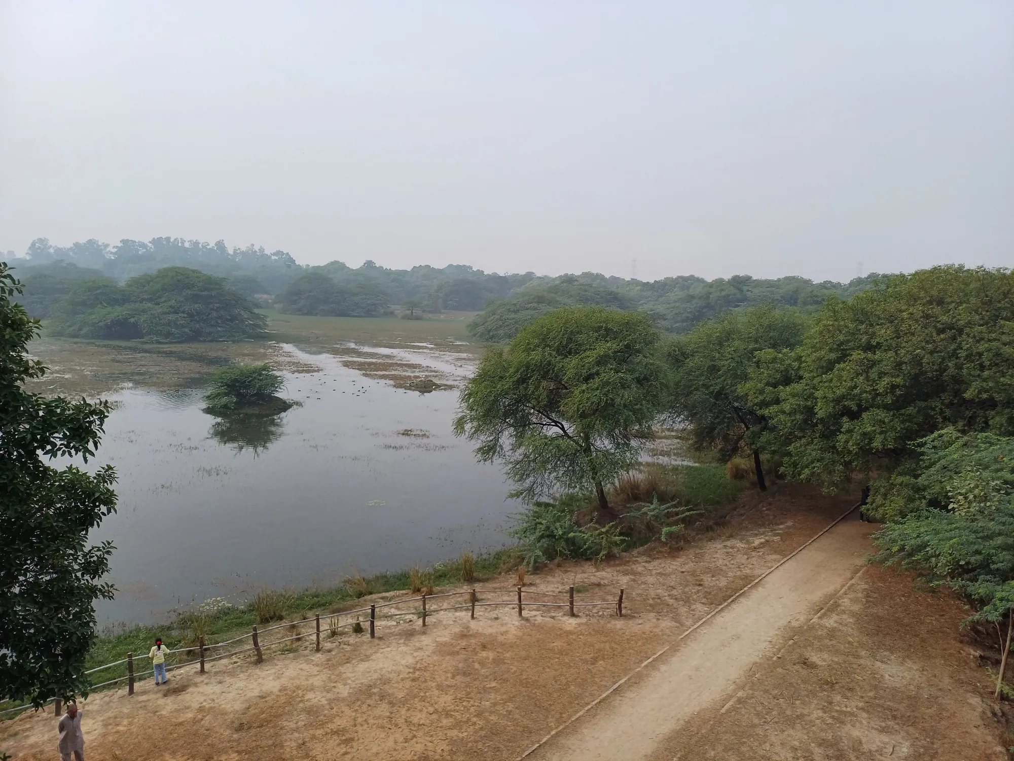 View over the main lake and ring path at Sultanpur National Park from a watchtower on a hazy morning
