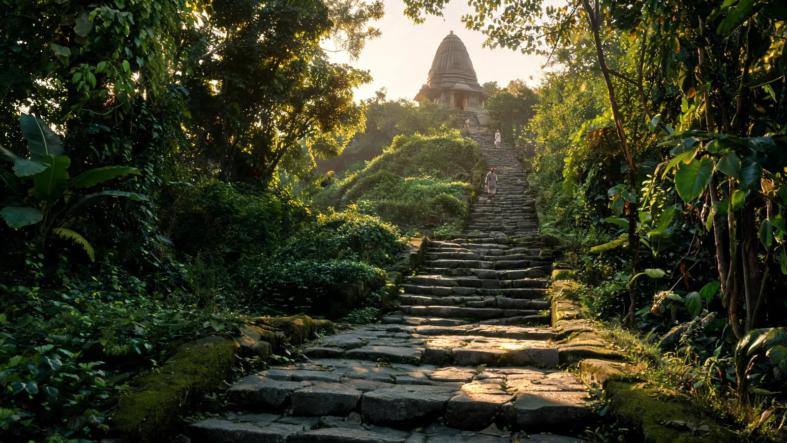 Stone steps climbing through a green wooded hill to an old stone temple in Assam