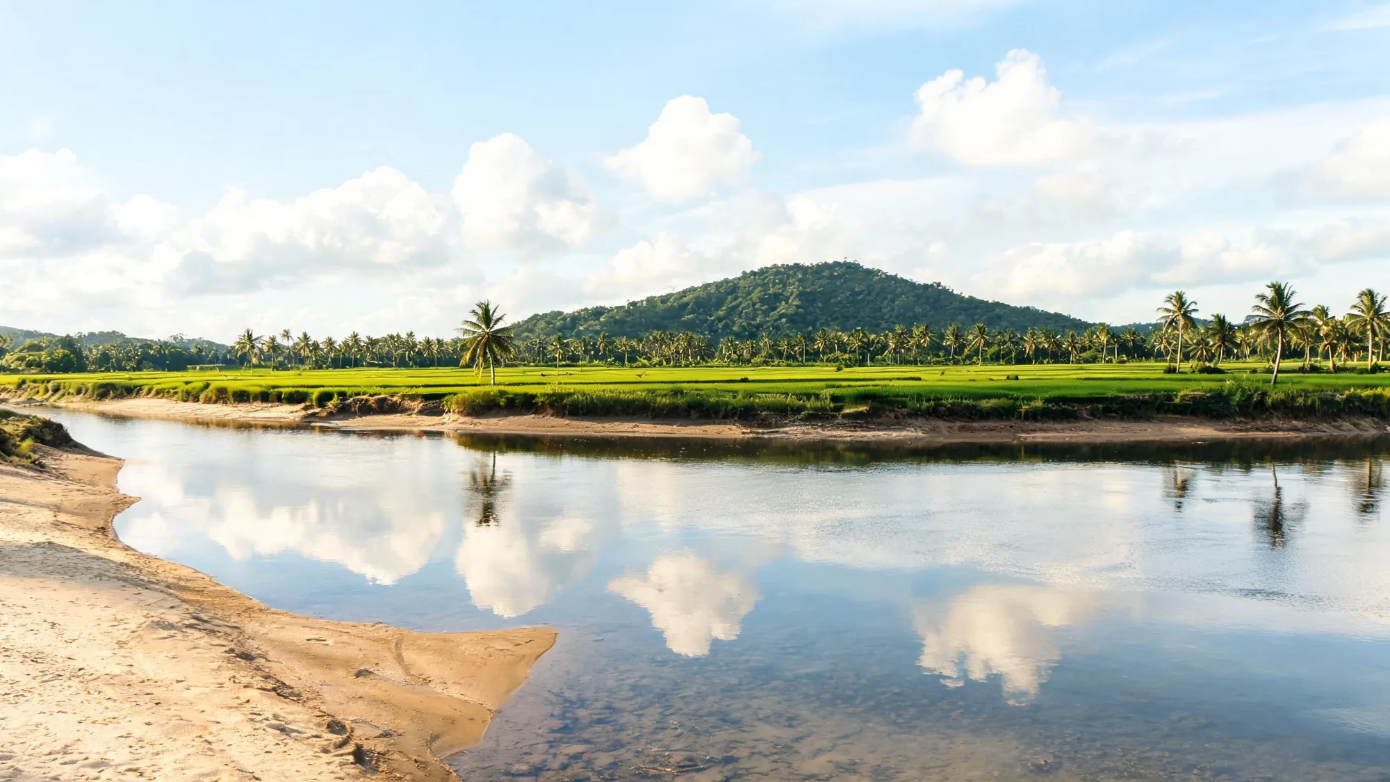 A wide shallow river with sandy banks, green paddy fields and palm trees and a low green hill in rural Odisha