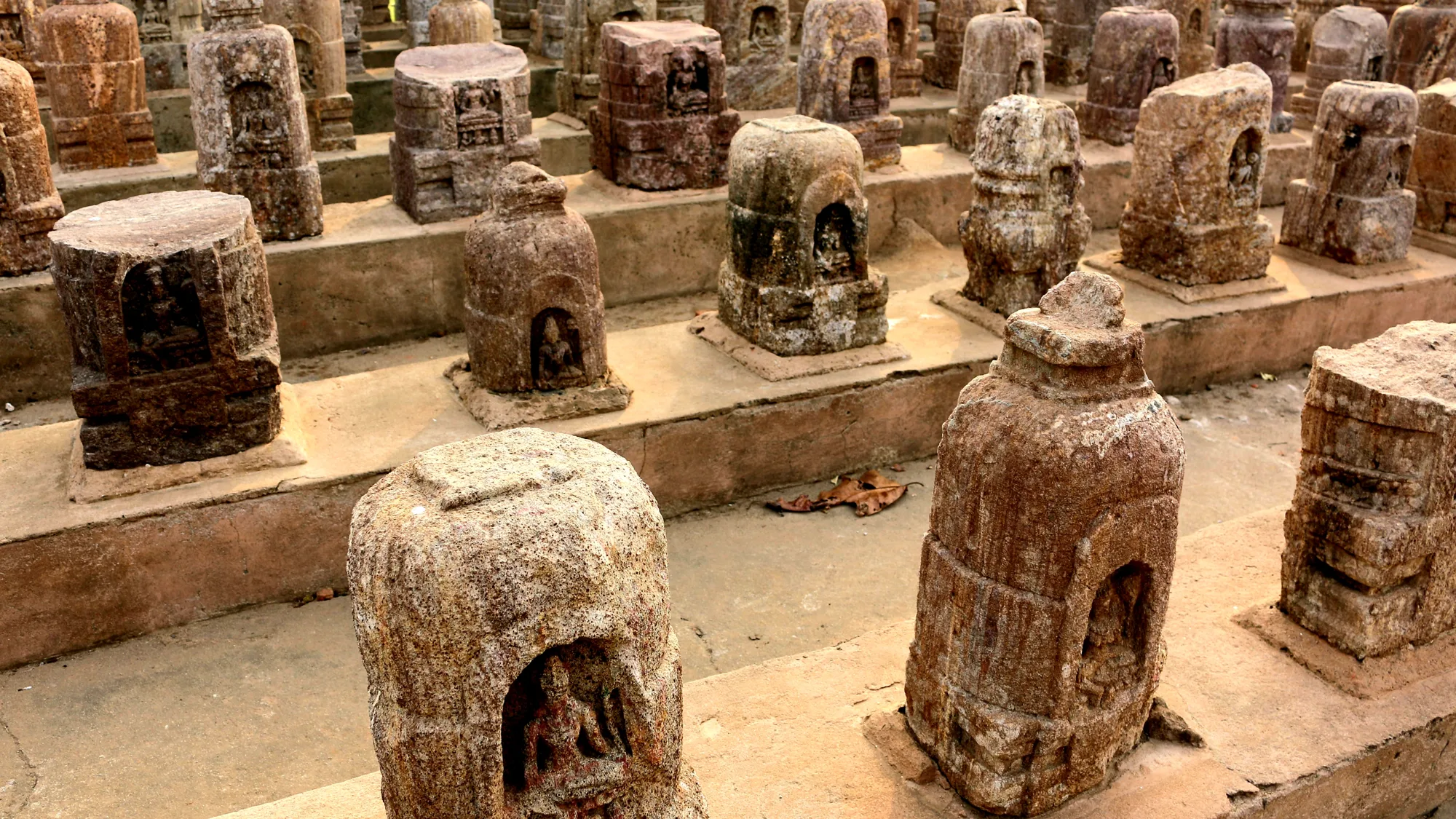 Rows of small carved stone votive stupas with Buddha images on a terrace at Ratnagiri in Odisha