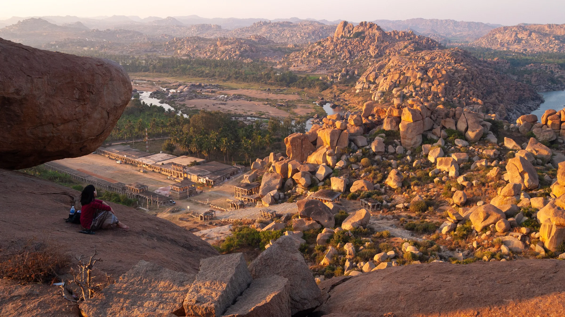 Granite boulder hills and Tungabhadra valley ruins seen from Matanga Hill in Hampi