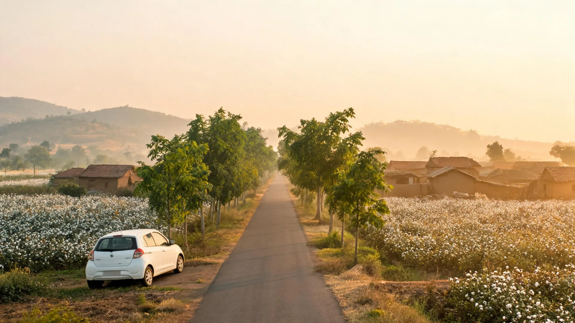 Self-drive hatchback on a quiet tree-lined Vidarbha road at dawn, the kind of route you take with car rental in Nagpur towards Wardha