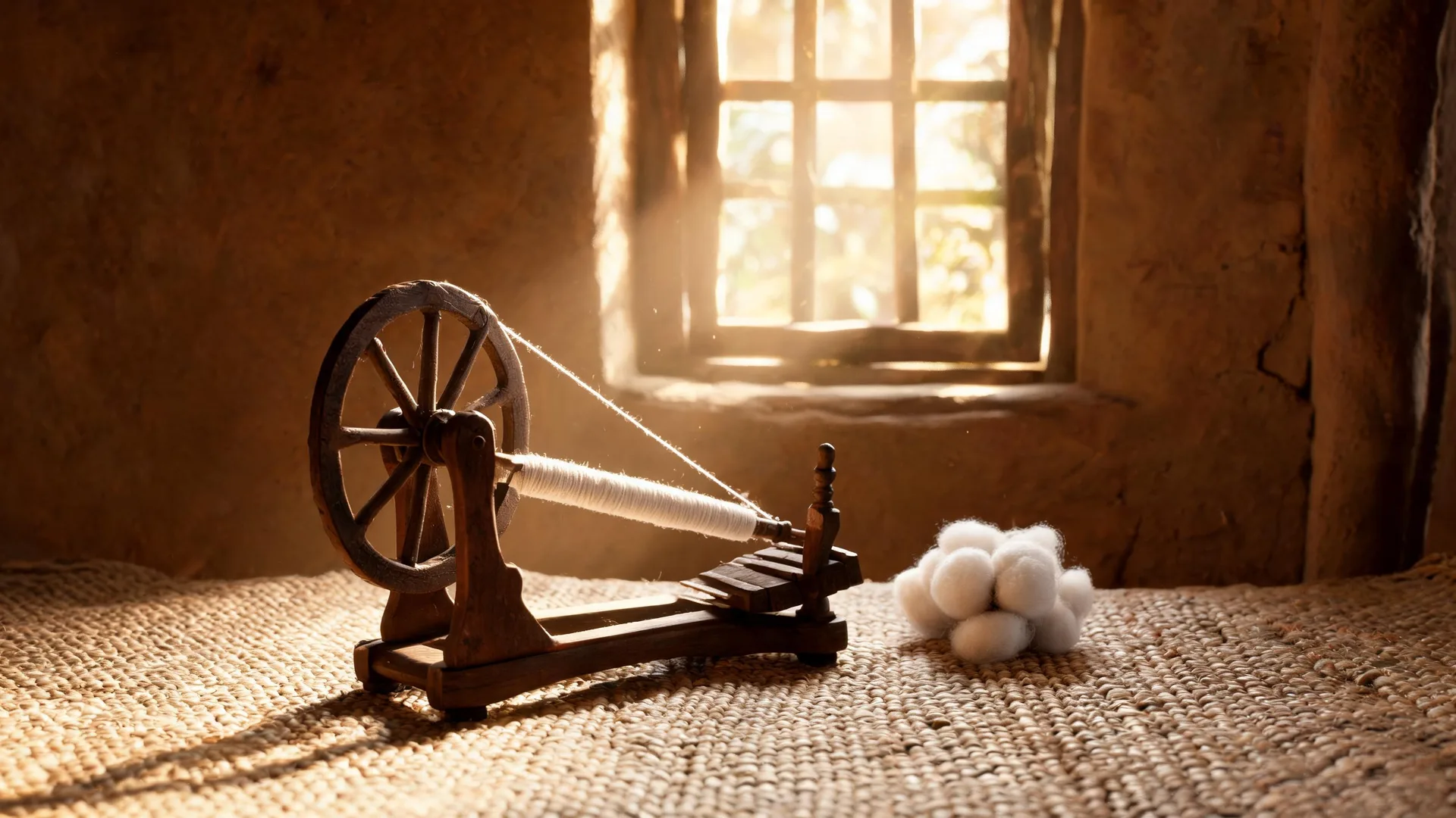 Wooden charkha spinning wheel with raw cotton in a mud-walled room, evoking the khadi heritage on a car rental in Nagpur day trip to Wardha