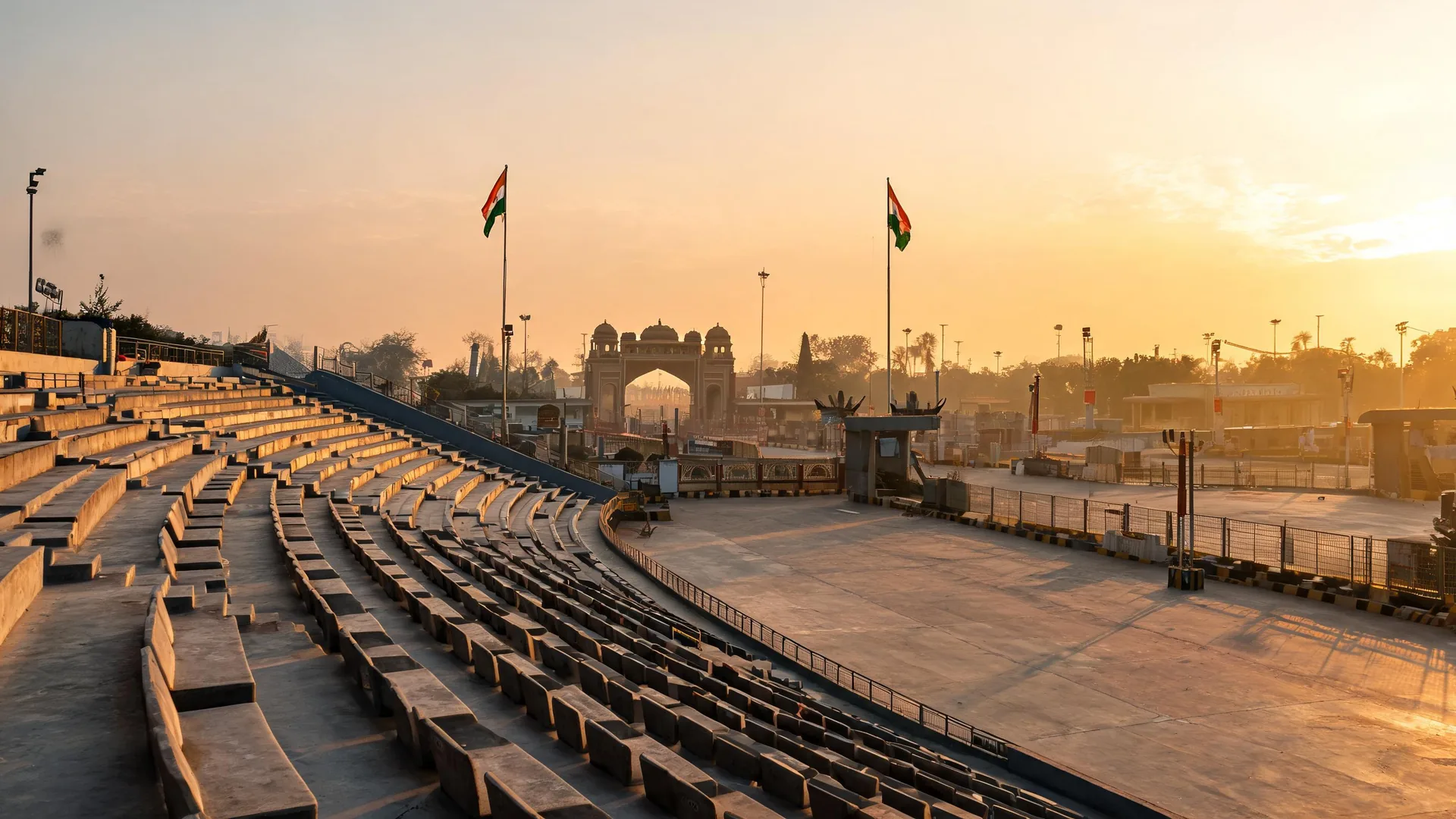 Empty Attari Wagah border ceremony stands in late afternoon light near Amritsar before the beating retreat