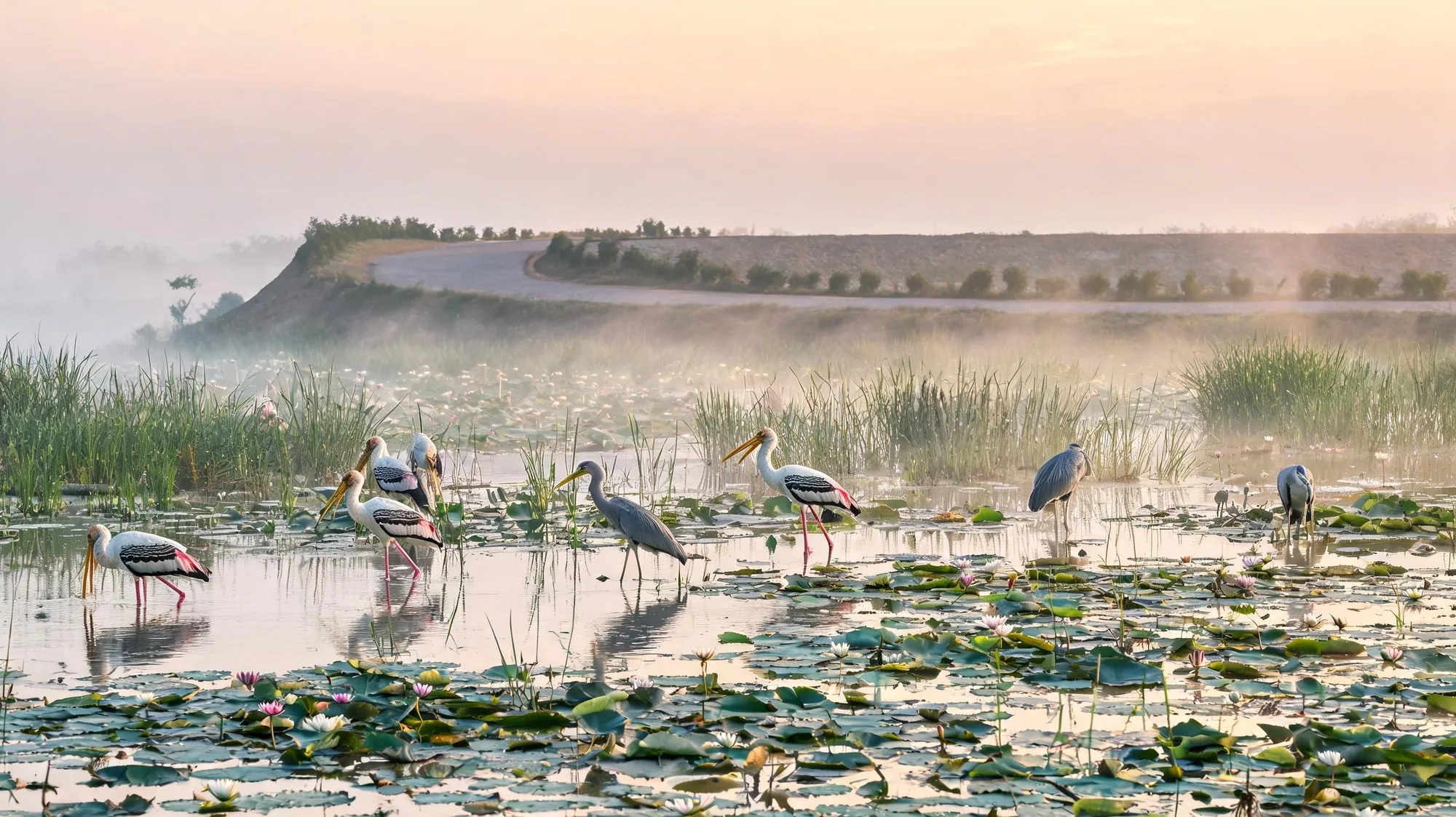 Painted storks and herons in a misty Keoladeo-style wetland at dawn near Bharatpur