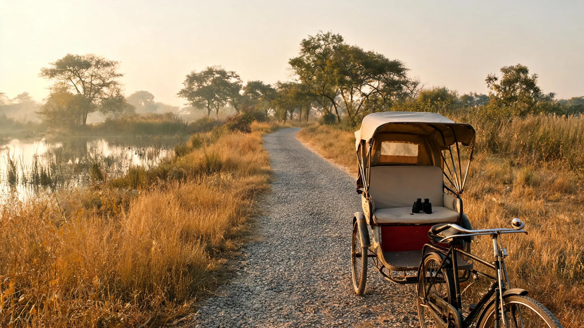 Cycle rickshaw and binoculars on a quiet track inside Keoladeo Ghana National Park style wetland