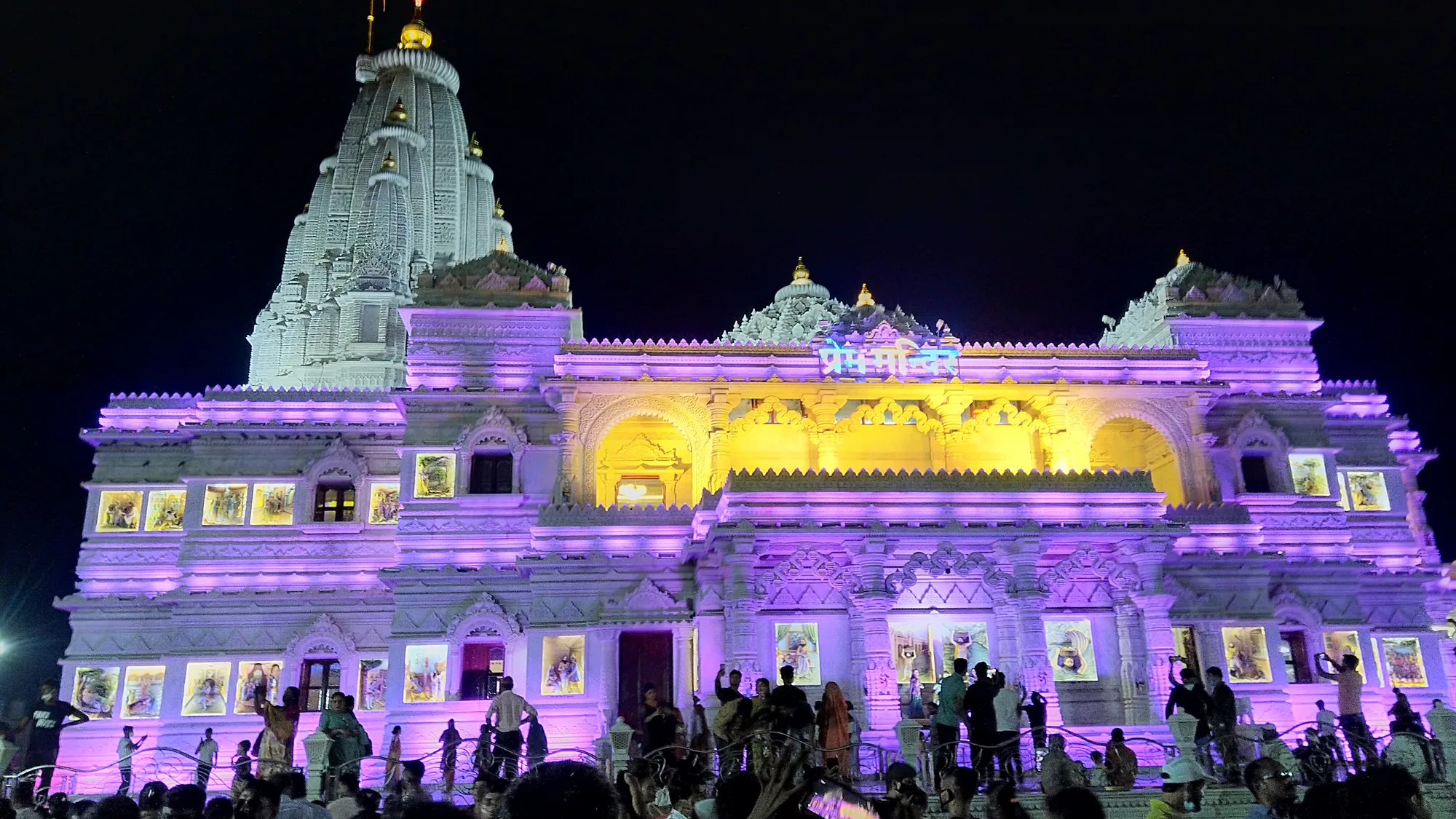 Prem Mandir in Vrindavan lit at night — the evening stop that makes a Noida self-drive day worthwhile