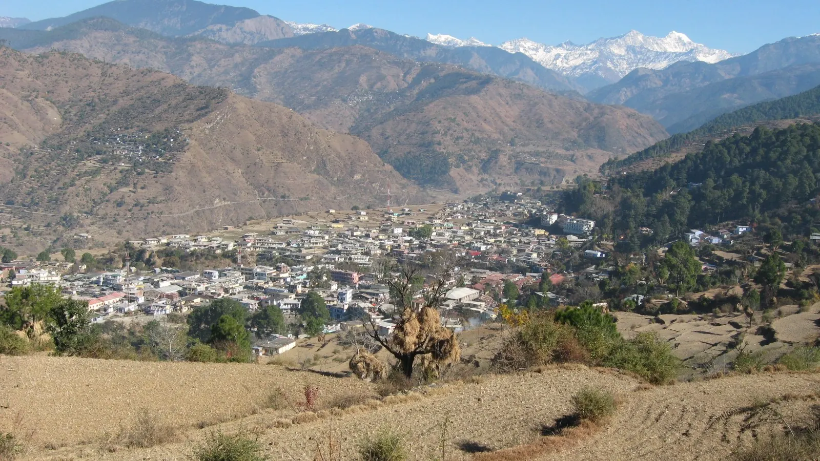 Barkot town on the Yamuna with snow peaks behind, the overnight halt on a bike ride from Mussoorie to Yamunotri