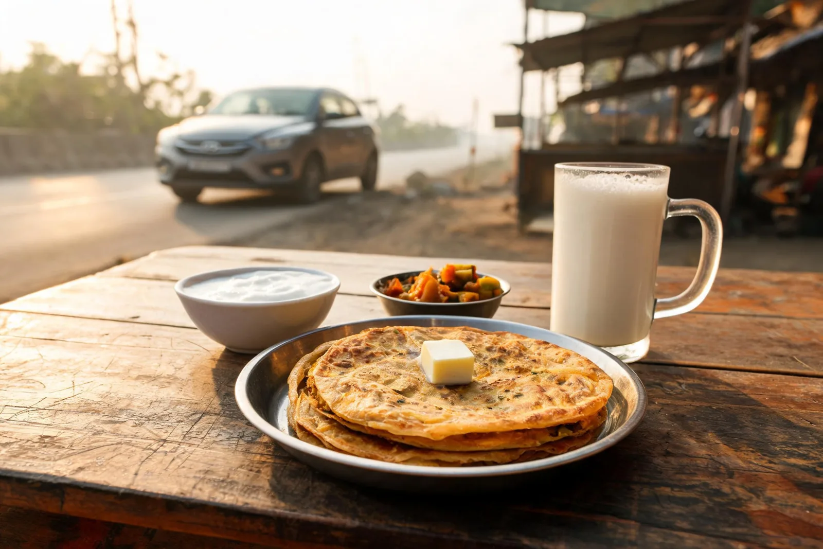 Aloo parathas with white butter, curd, pickle and lassi at a highway dhaba, the classic Murthal breakfast stop on the drive from Delhi to Kurukshetra