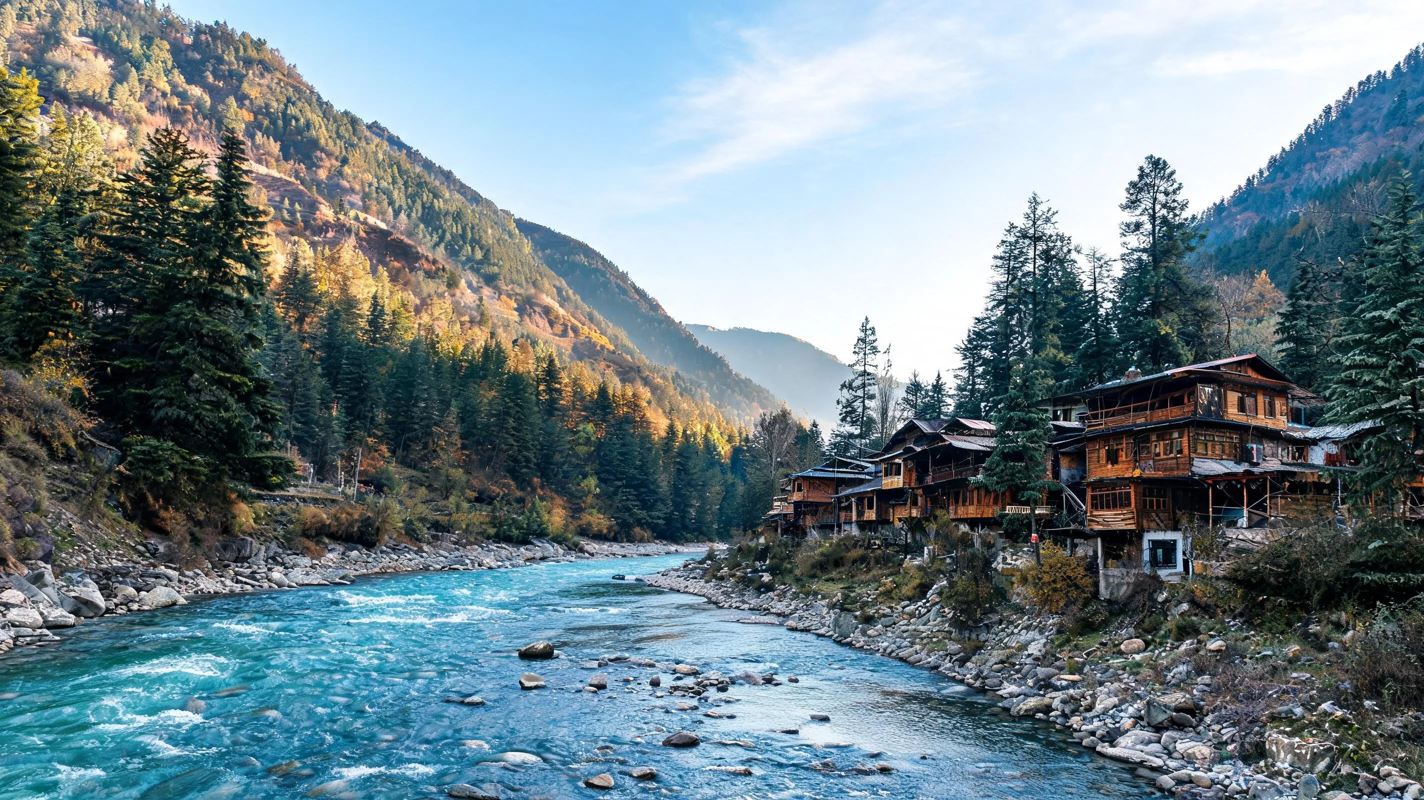 Turquoise Parvati River flowing past wooden riverside buildings and pine-covered hills near Kasol, suited to a bike rental in Kasol autumn day
