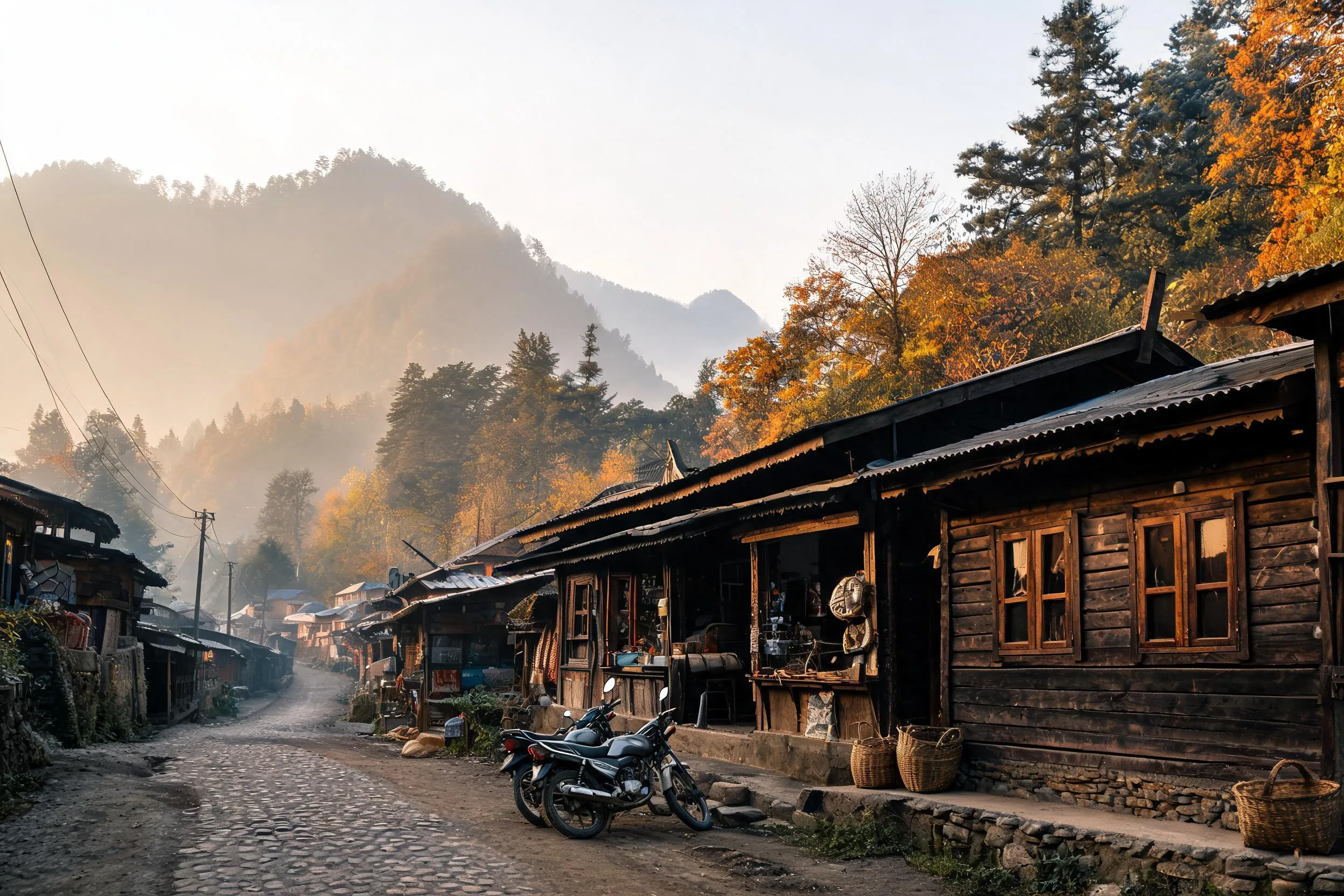 Quiet early morning Kasol village lane with wooden shops and parked motorcycles under misty Himalayan hills in October