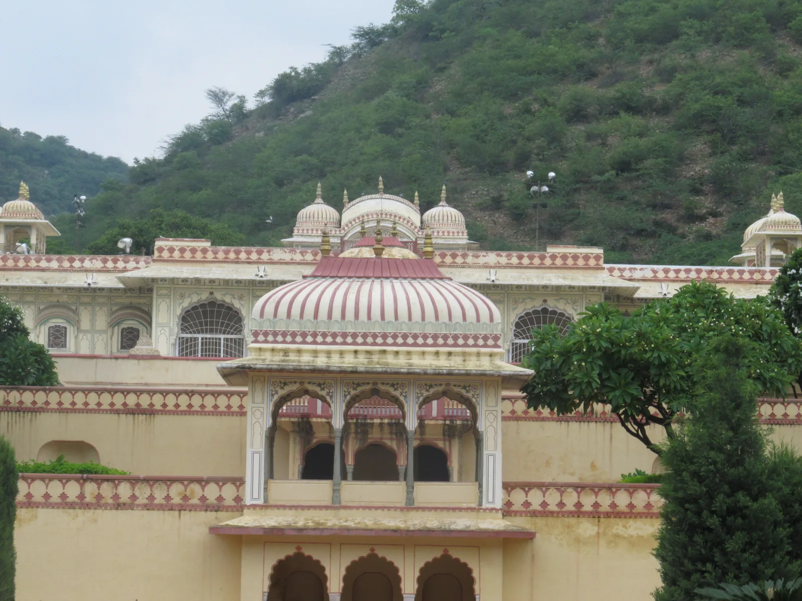Terraced lawns and palace wings of Sisodia Rani Ka Bagh on Agra Road east of Jaipur