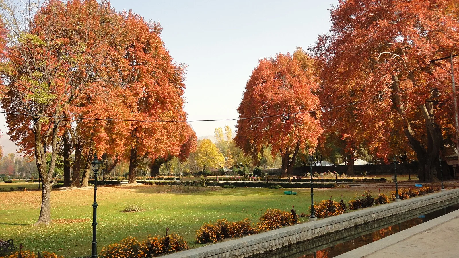 Chinar trees in deep orange autumn colour beside a lawn and stone water channel in the Verinag Mughal garden, a day trip by car rental in Srinagar