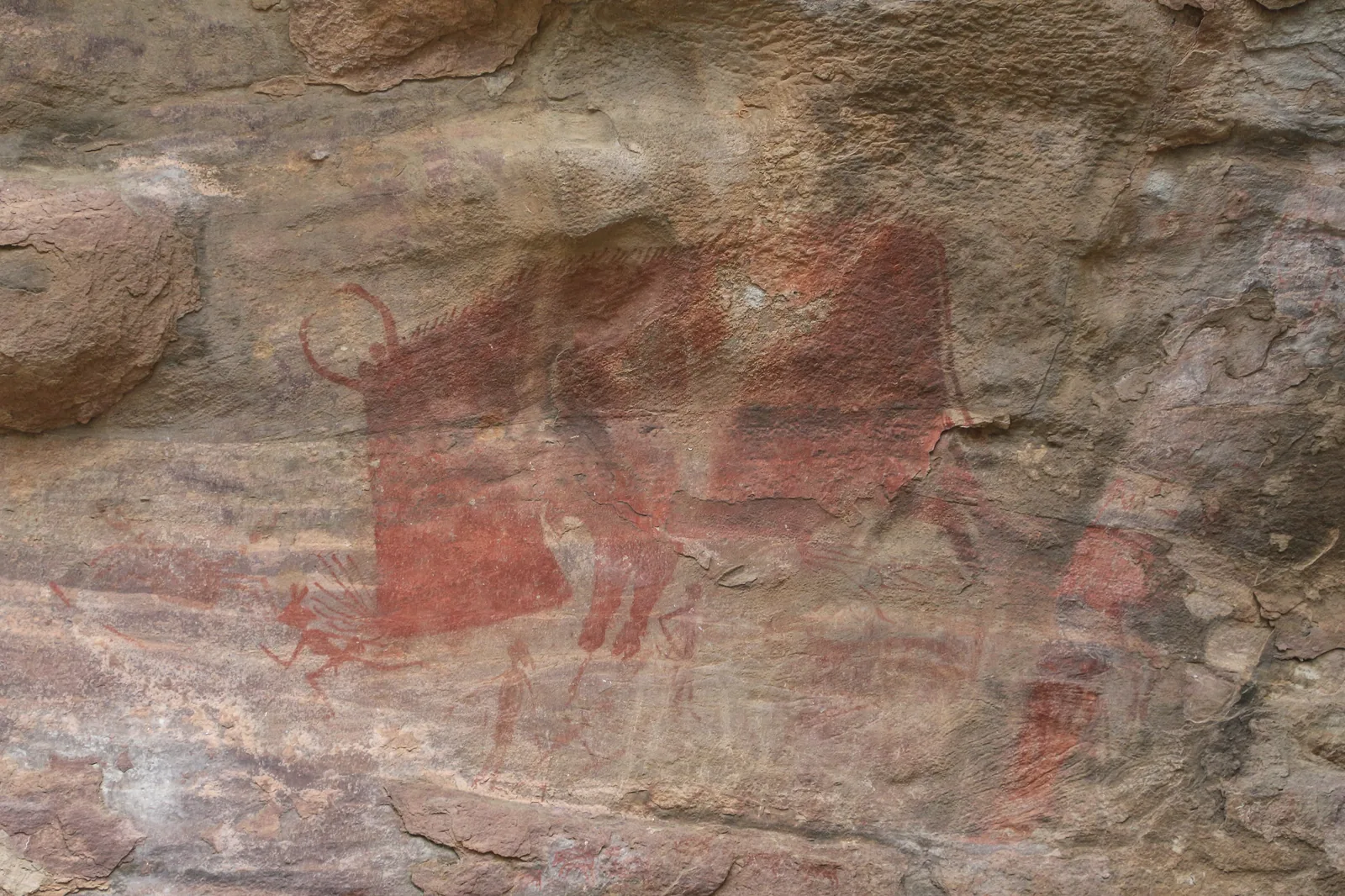 Sandstone rock shelter overhang at Bhimbetka surrounded by dry forest, reached by self-drive car rental in Bhopal
