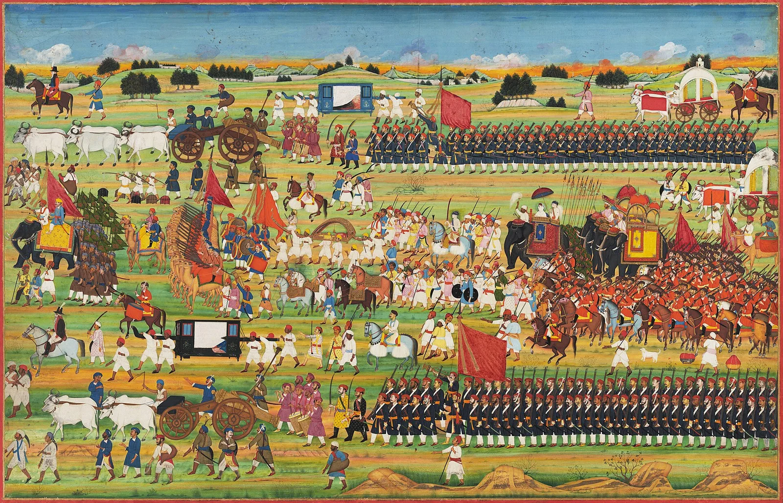 A colourful early nineteenth century Indian painting of Begum Samru's court and army, with rows of soldiers, cavalry, elephants and tents around a central assembly