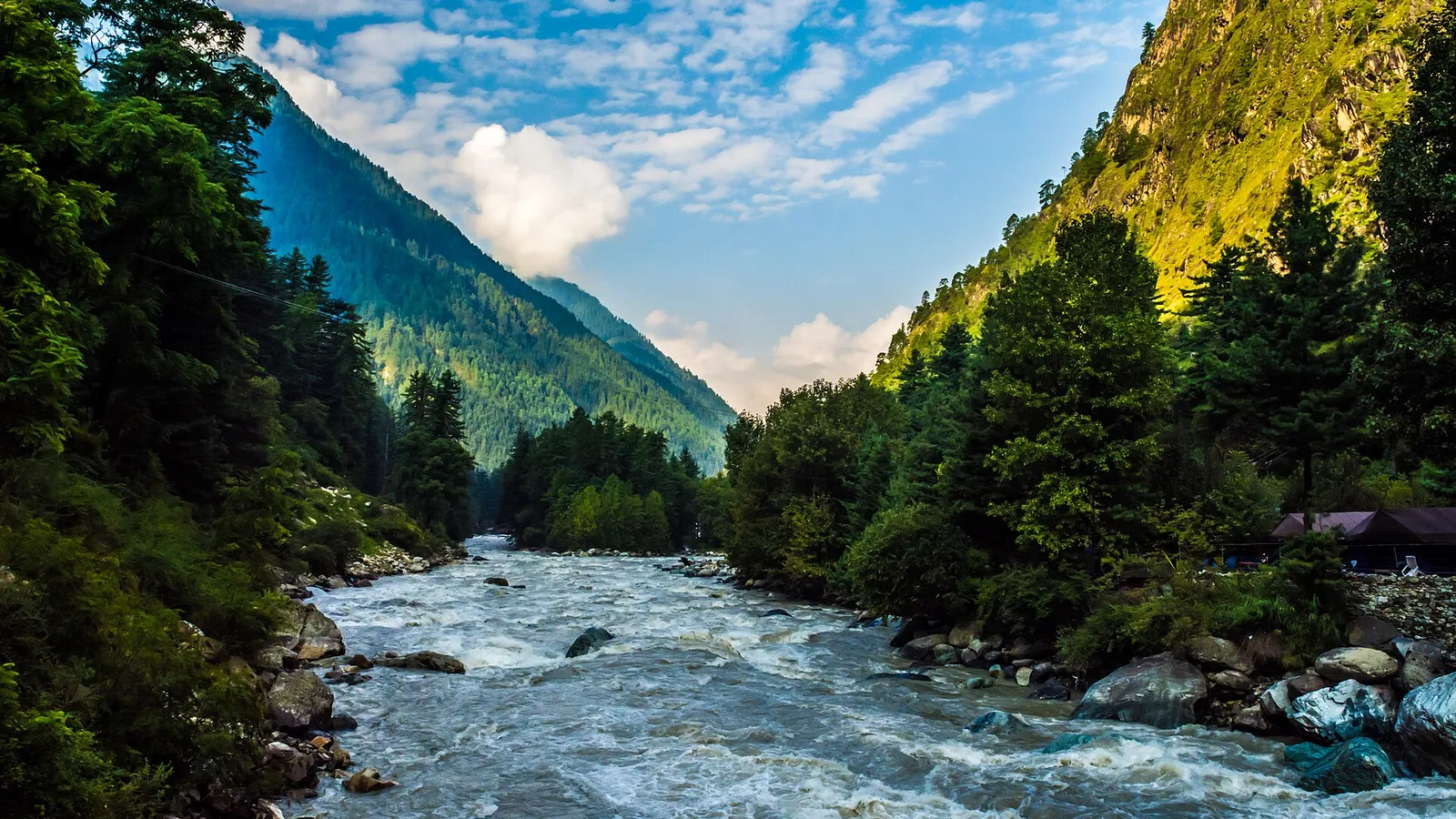 The Parvati river rushing over boulders past pine forest at Kasol, with green hillsides and a blue sky
