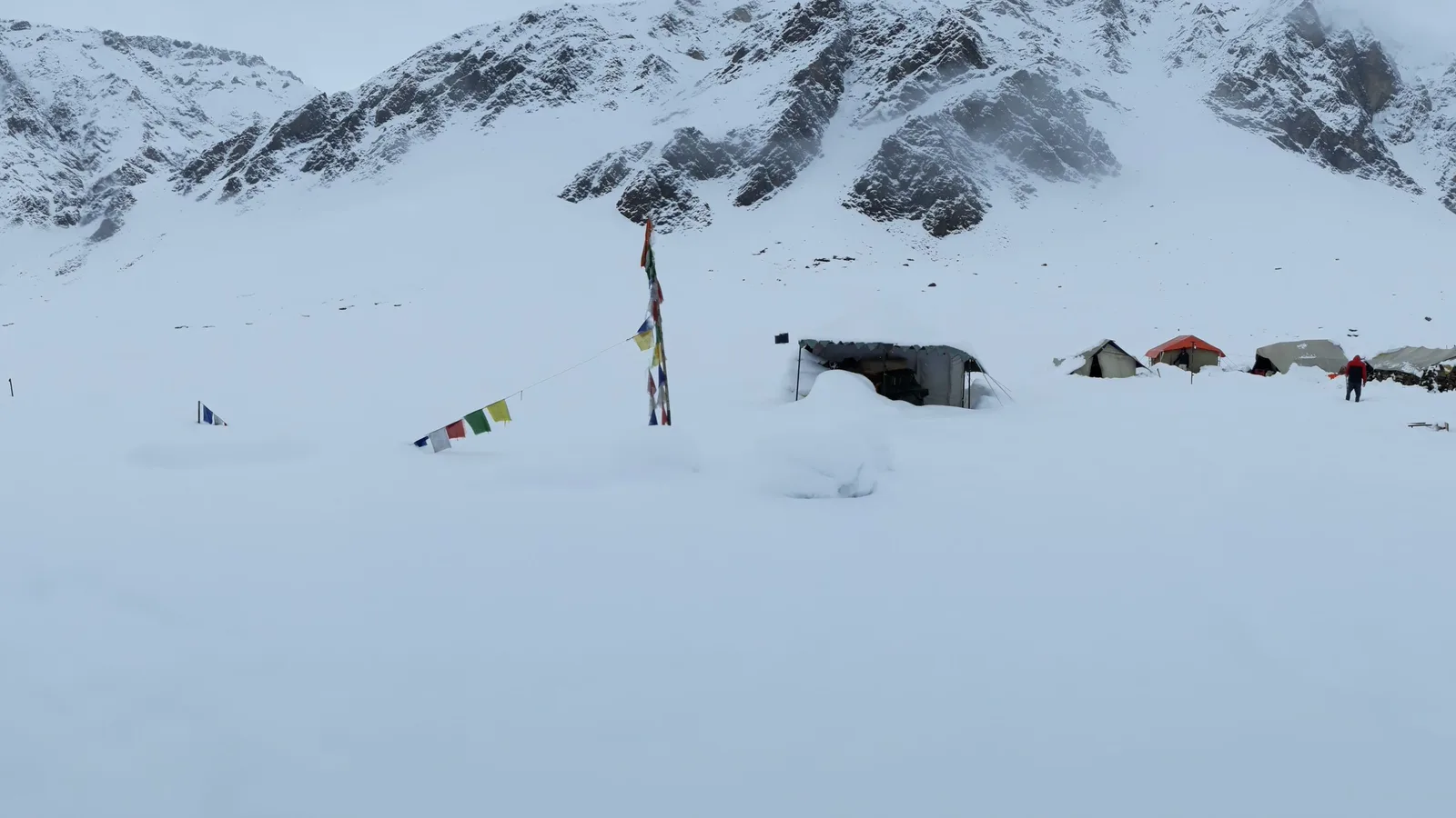 Snow-covered tent camp on the open plateau at Sarchu with rocky snow-dusted mountains behind under grey clouds