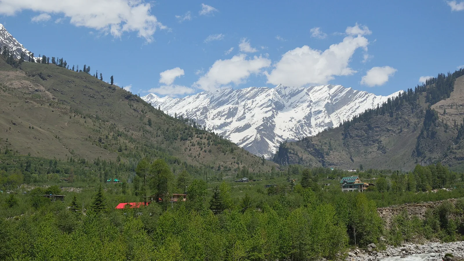 Green forested Beas valley at Palchan near Manali with snow-covered peaks rising behind under blue sky and white clouds
