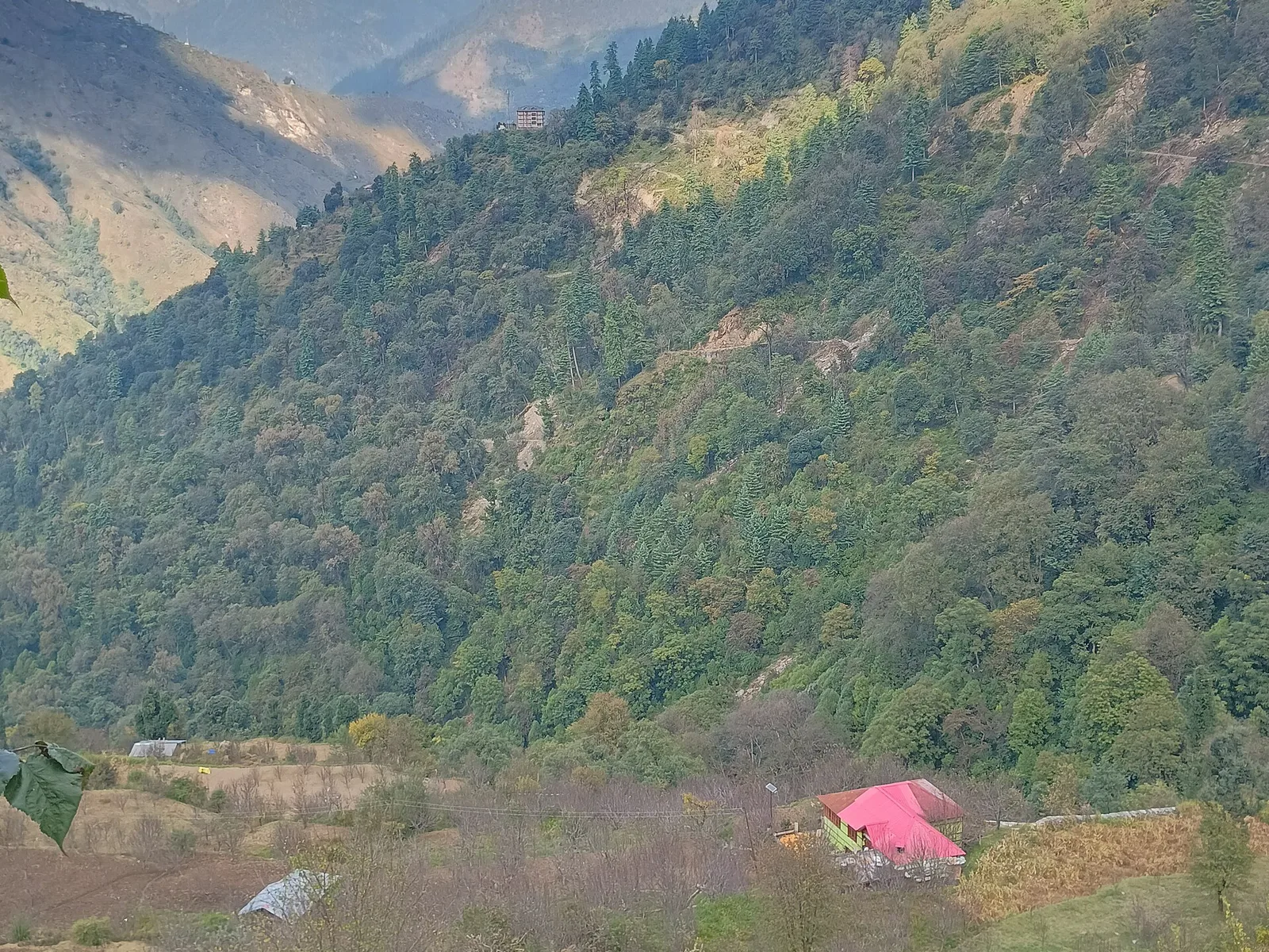 Terraced fields and a red-roofed house below steep forested slopes in the Sainj valley on a clear autumn day